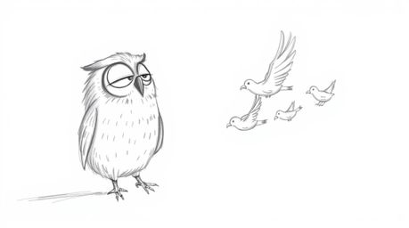 A heartwarming hand-drawn sketch in the style of Pixar depicts a blind owl with gentle features patiently teaching several bi