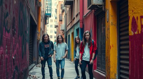 A captivating scene unfolds in a grungy city alley, where rebellious teens gather amidst vibrant complementary colors. The so