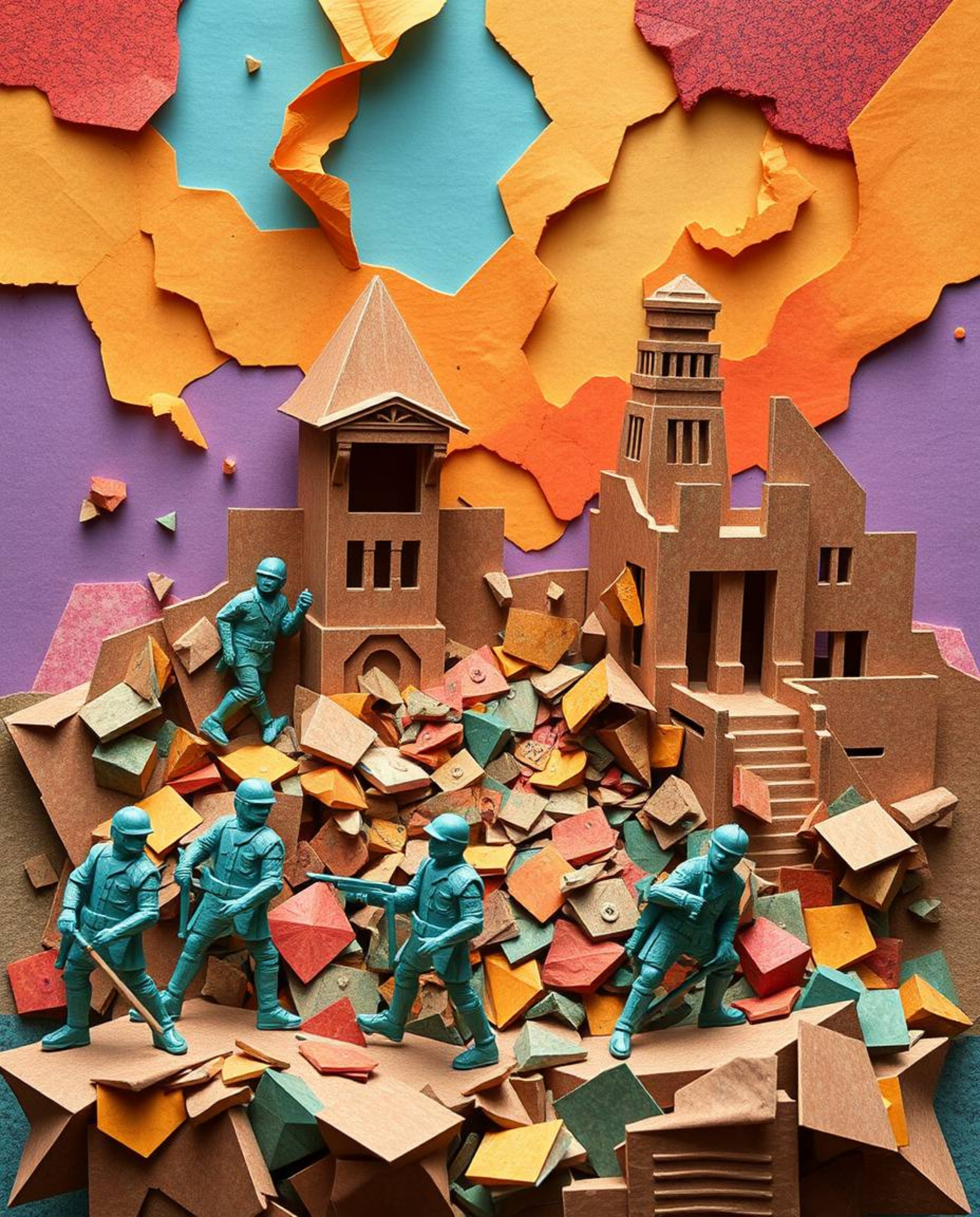 A visually striking artwork depicting a battlefield where time-warped soldiers crafted in intricate origami style clash amids