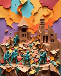 A visually striking artwork depicting a battlefield where time-warped soldiers crafted in intricate origami style clash amids