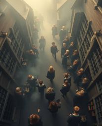 Experience a breathtaking overhead bird's eye view of a magical school brimming with young wizards. The soft focus, hazy back