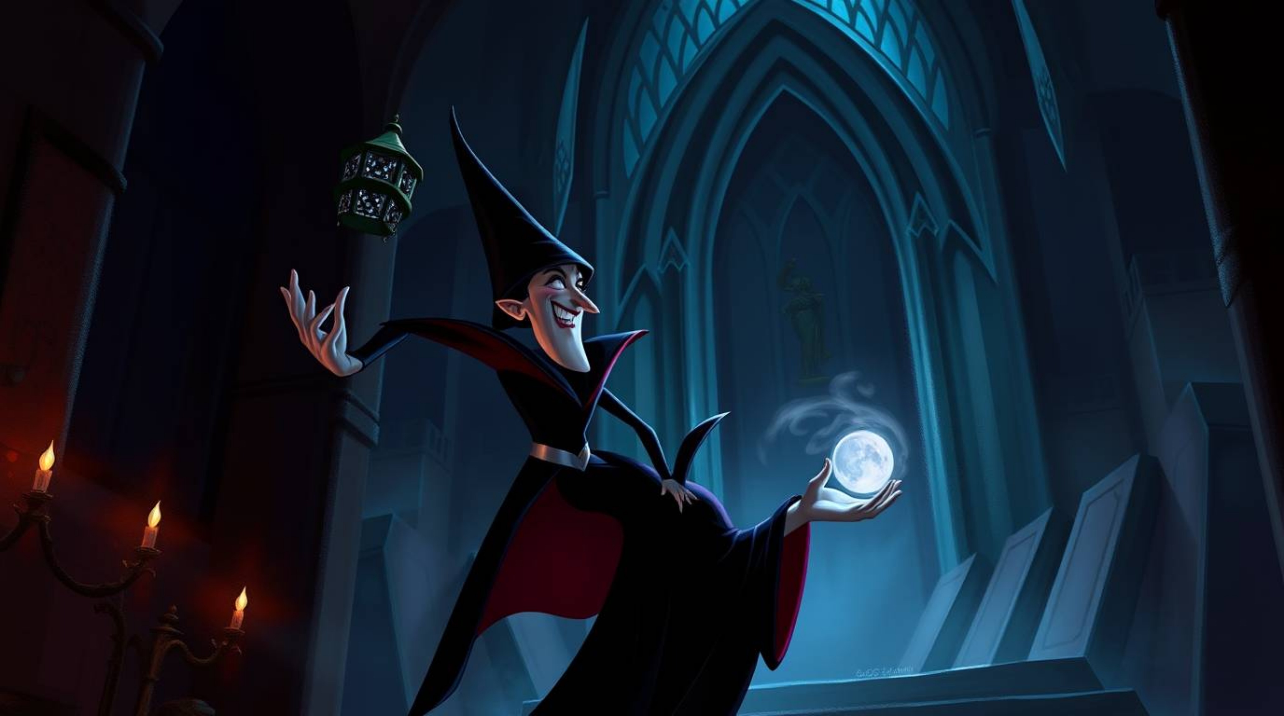 A captivating digital painting depicts a classic Disney villain casting a spell within a majestic castle.  The artwork featur
