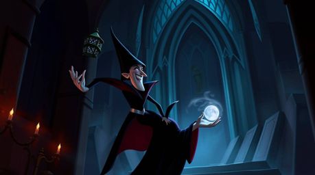 A captivating digital painting depicts a classic Disney villain casting a spell within a majestic castle.  The artwork featur