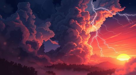 A captivating isekai anime-style illustration showcases a dramatic thunderstorm illuminated by the warm hues of a setting sun