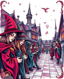 Explore a surreal world with this symbolic, traditional tattoo art print depicting a magical school brimming with young wizar