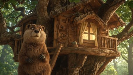 A highly detailed, high-resolution stock photo shows an anthropomorphic beaver with bright, expressive brown eyes and soft, f