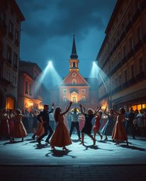 Experience a vibrant musical number set in a bright town square, captured in a dramatic cinematic style. The composition and