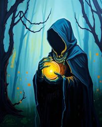 Explore a captivating world through extreme macro close-up, a bold acrylic painting depicting a cloaked figure amidst a misty