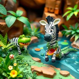 Enchanting layered papier-mâché sculpture capturing a delightful 3D cartoon zebra escaping a friendly crocodile along a vibra