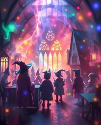 Discover enchanting light art depicting a magical school brimming with young wizards.  Soft pastel colors and artistic lighti