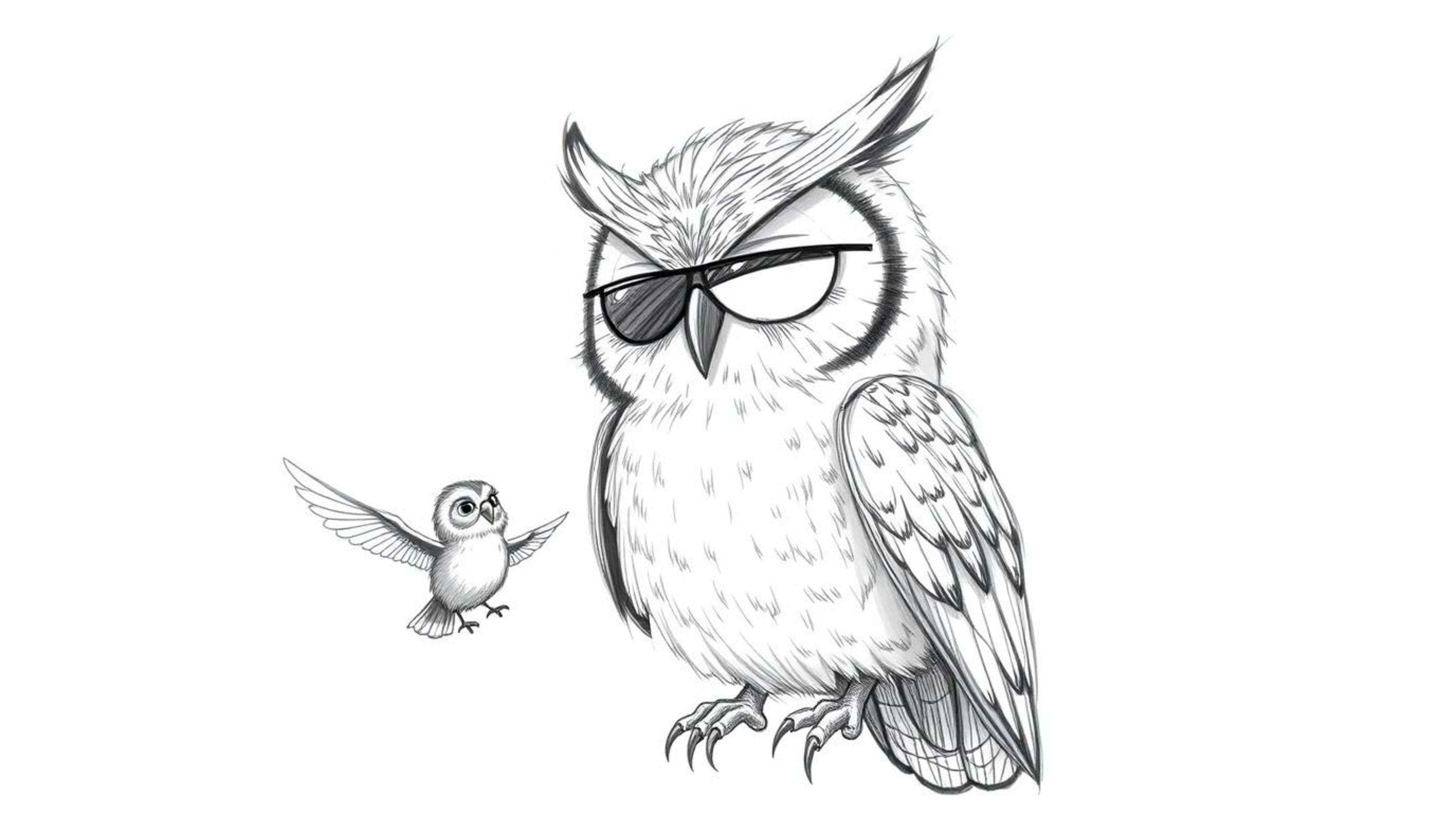 A heartwarming sketch in the style of Pixar depicts a blind, wise-looking owl with soft features and textured feathers patien