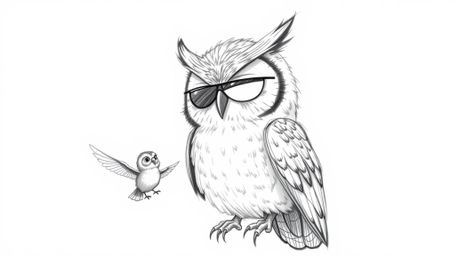 A heartwarming sketch in the style of Pixar depicts a blind, wise-looking owl with soft features and textured feathers patien