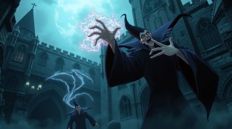 An eerie, creepy anime-style illustration depicts a classic Disney villain casting a spell within a decaying old castle. The