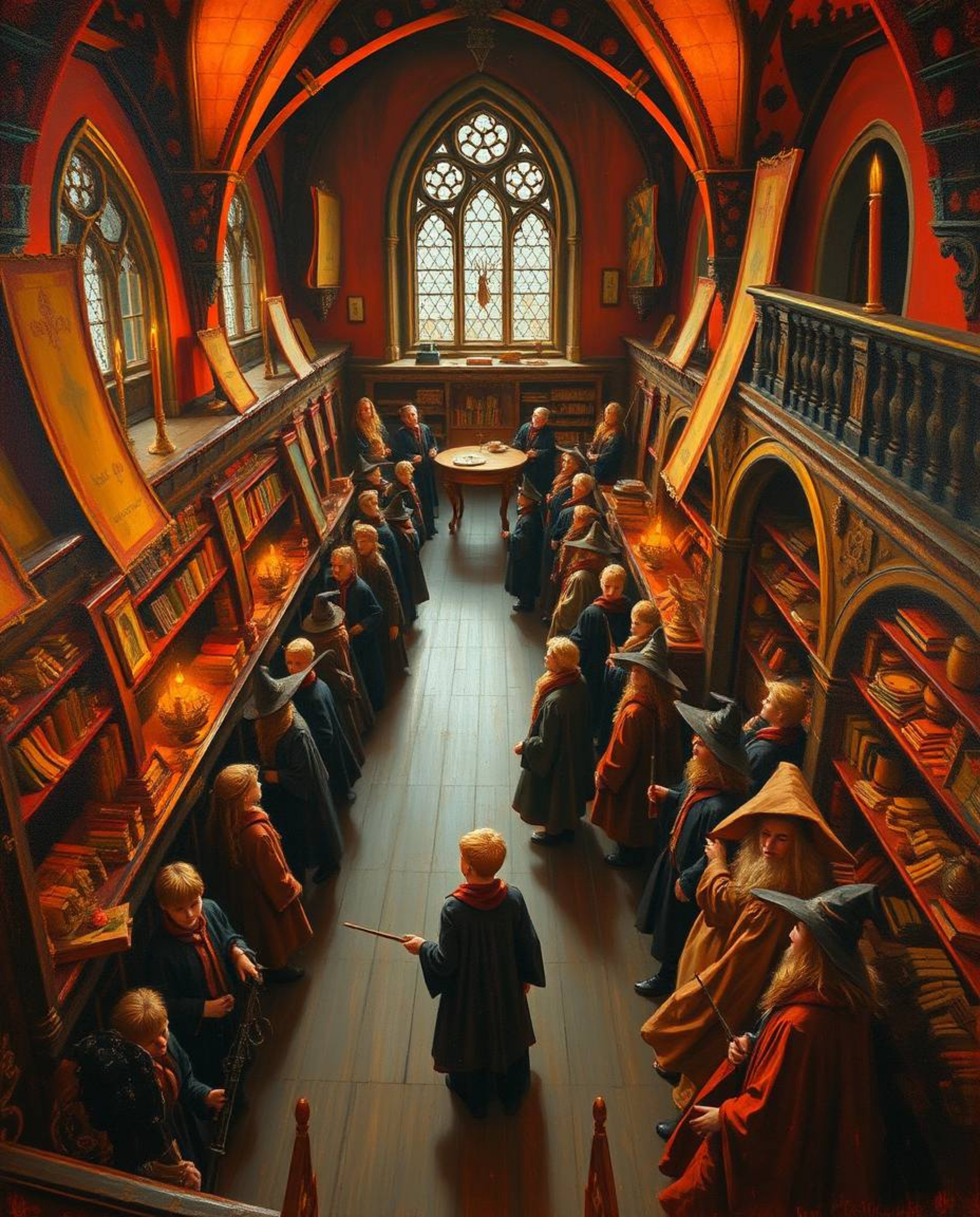 A captivating oil painting depicts a magical school bustling with young wizards, viewed from a high angle perspective. The ar