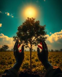 A dramatic cinematic image showcasing hands planting a tree under a vibrant golden sky.  The scene features a rich, deep teal