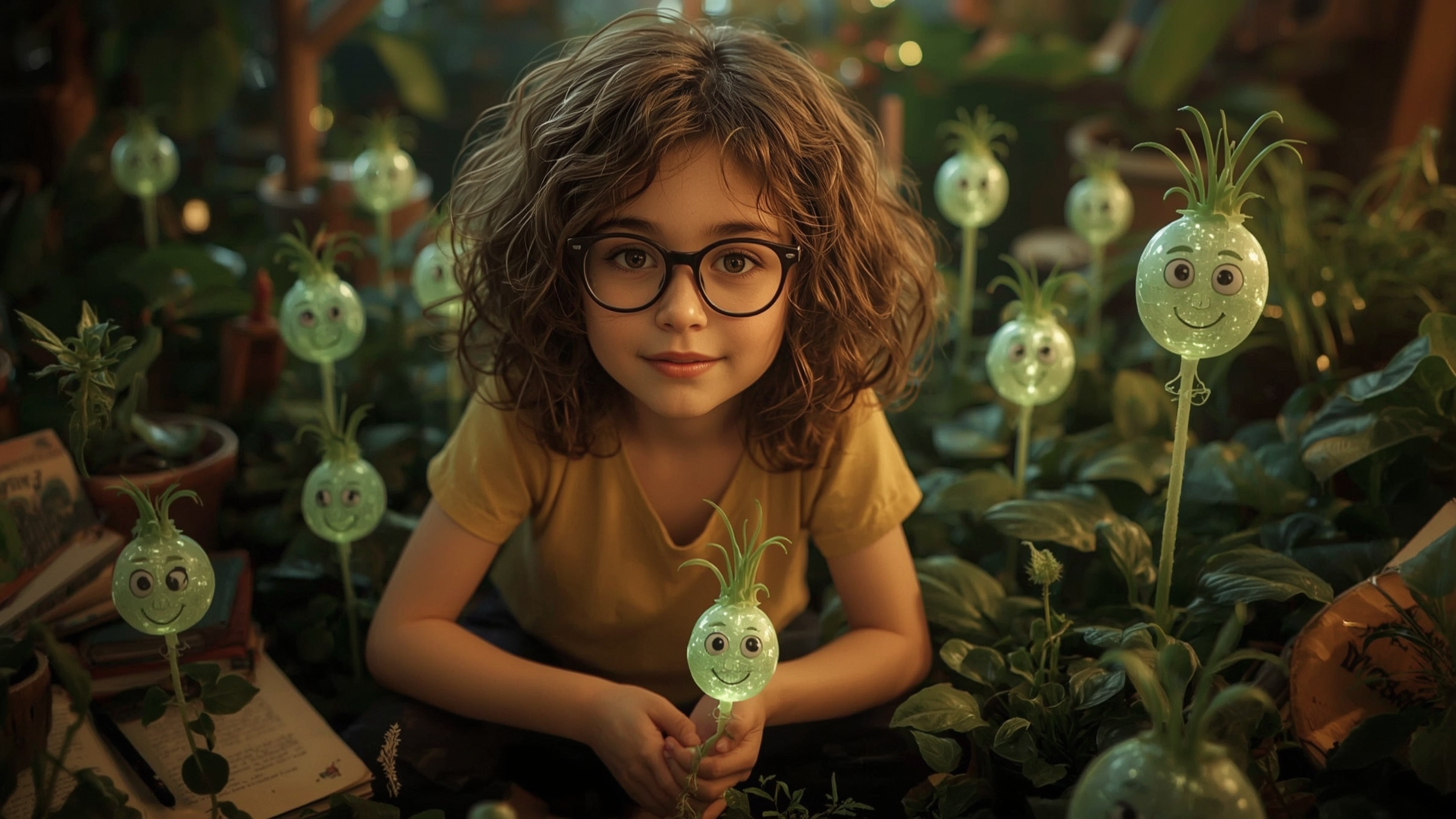 a highly detailed, vibrant, and whimsical cinematic photograph of a brilliant, bespectacled homeschooled girl, likely around 