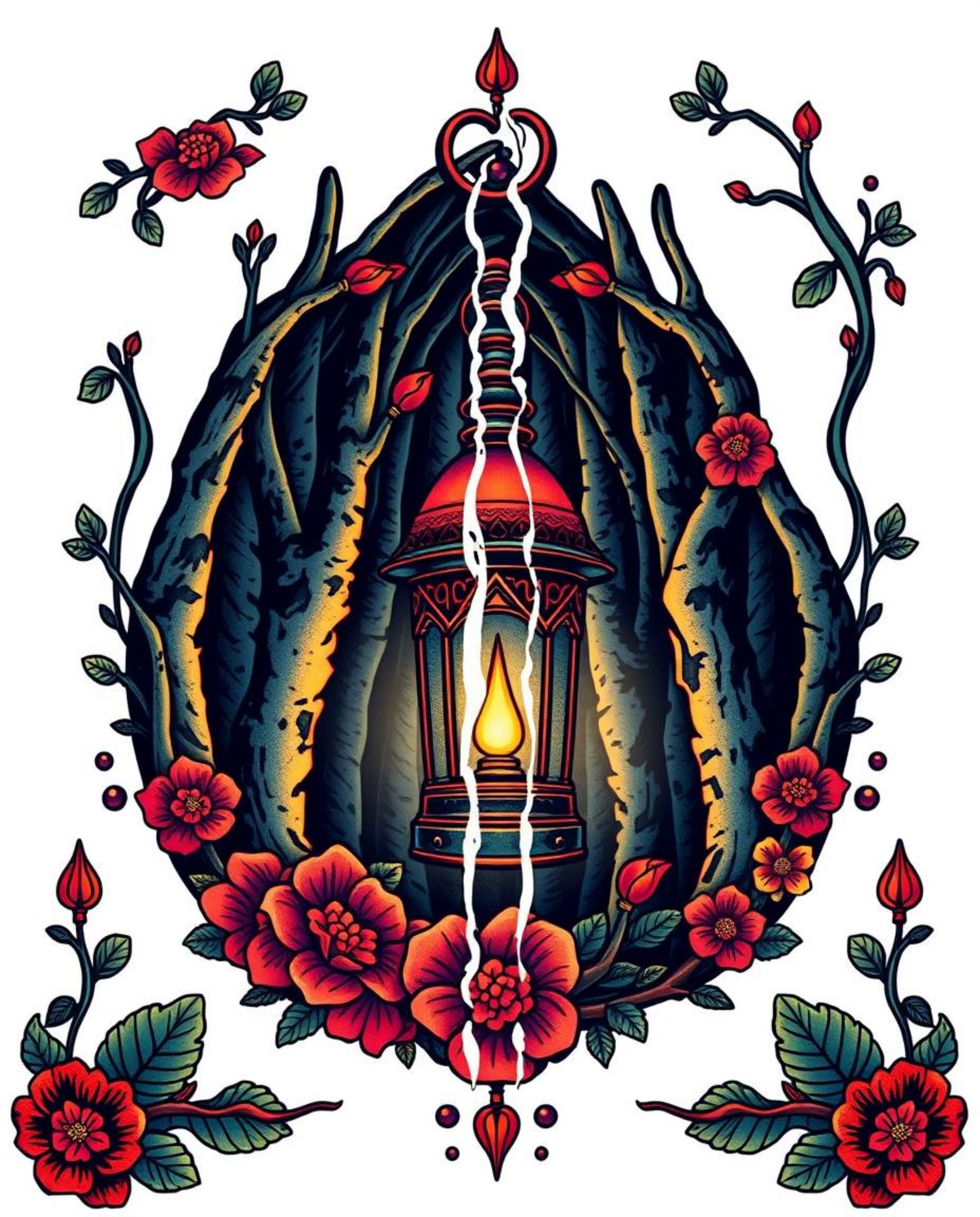 This vibrant traditional tattoo art print showcases a glowing lantern in a dark forest.  The design features a retro flair wi
