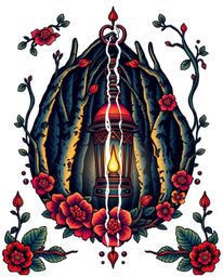 This vibrant traditional tattoo art print showcases a glowing lantern in a dark forest.  The design features a retro flair wi