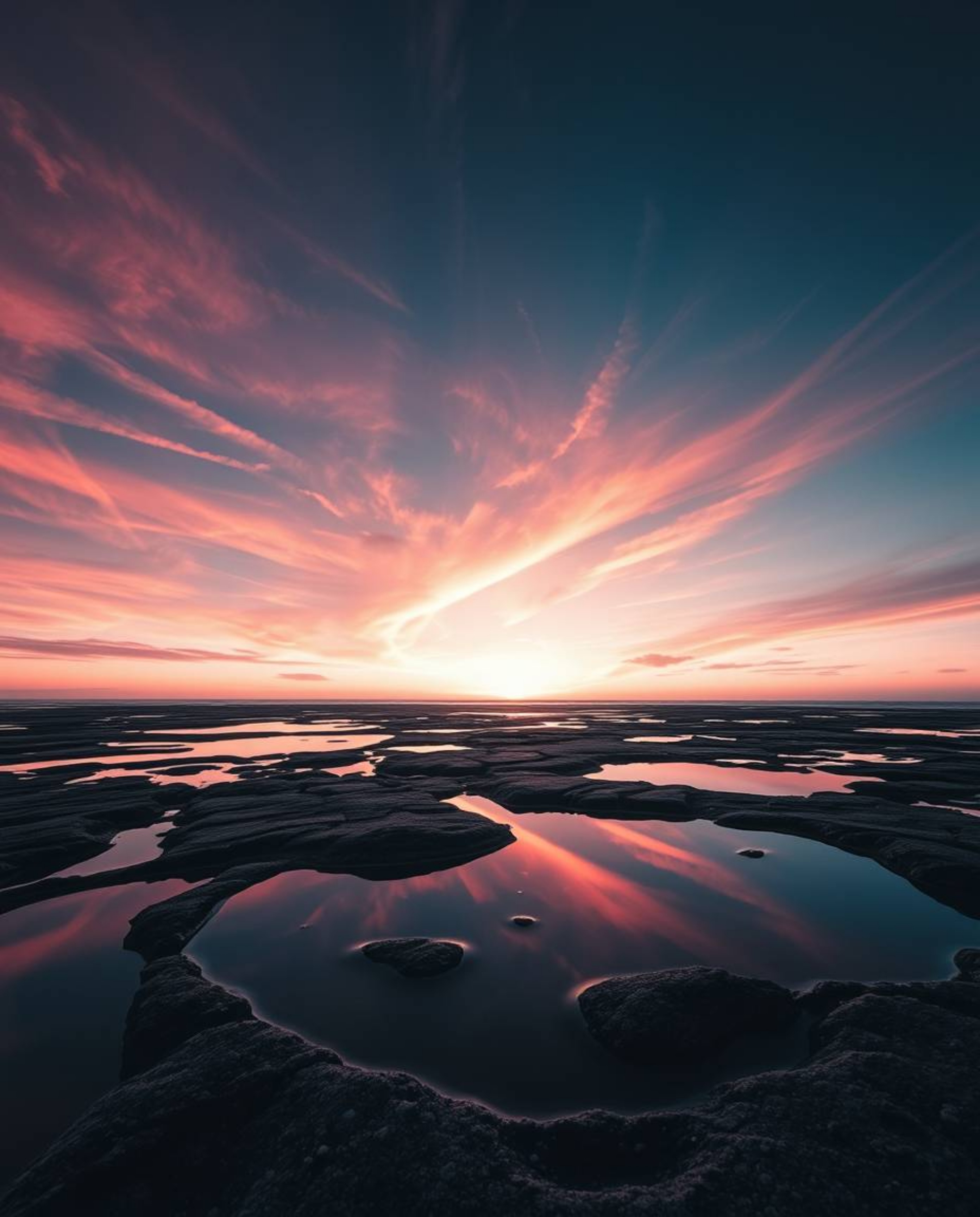 A surreal infrared photograph captures a sunset sky mirrored in tidal pools on a beach. This striking image employs dramatic 