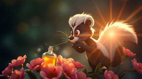A captivating fine art style image featuring a cartoon skunk playfully spraying perfume onto flowers, creating a whimsical an