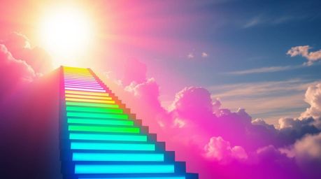 Experience a dreamlike and peaceful scene where bright, vibrant colors illuminate steps of light ascending into a cloudy sky.
