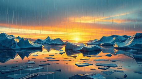 Experience the serene beauty of a wet, rainy sunset over icy polar glaciers, intricately depicted in an origami style. This c
