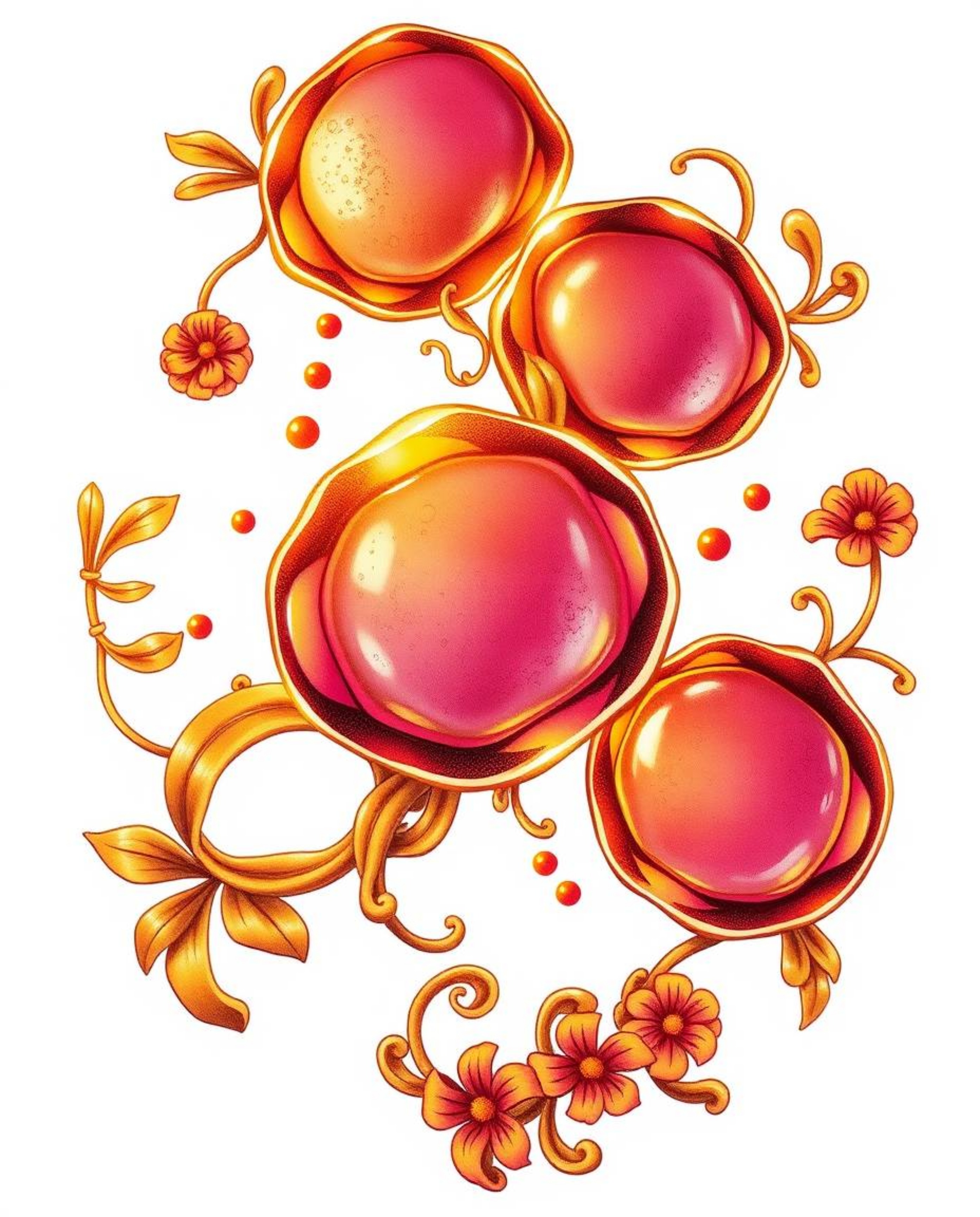 A captivating print featuring warm golden glows and traditional tattoo styling, showcasing floating 3D blobs of vibrant, flui