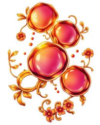 A captivating print featuring warm golden glows and traditional tattoo styling, showcasing floating 3D blobs of vibrant, flui