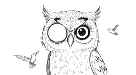 A hand-drawn sketch in the style of Pixar depicts a blind owl with large, expressive eyes, embodying wisdom and gentleness. R