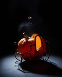 A magical pumpkin gently transforms into a carriage, bathed in soft pastel colors. Chiaroscuro lighting creates strong contra