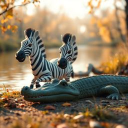A captivating close-up shot showcases a 3D cartoon zebra in a thrilling escape from a crocodile near a serene riverbank.  The