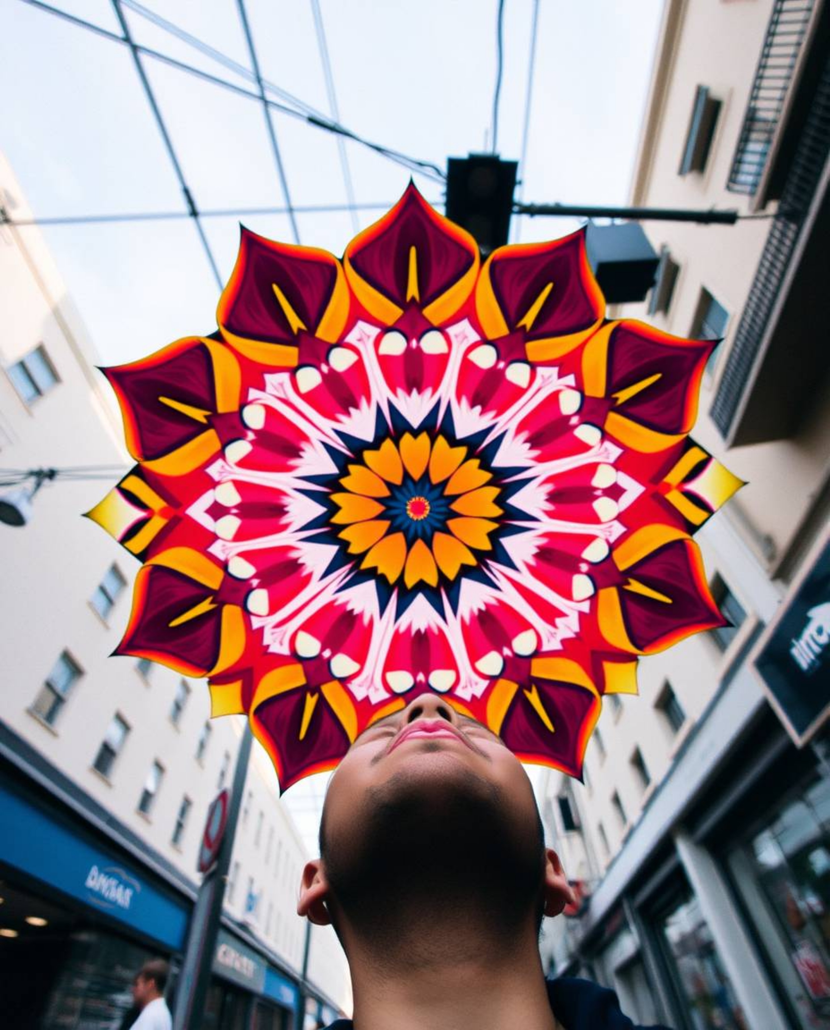 Explore a captivating fusion of geometric floral mandalas and vibrant urban scenes. This collection features symmetric design