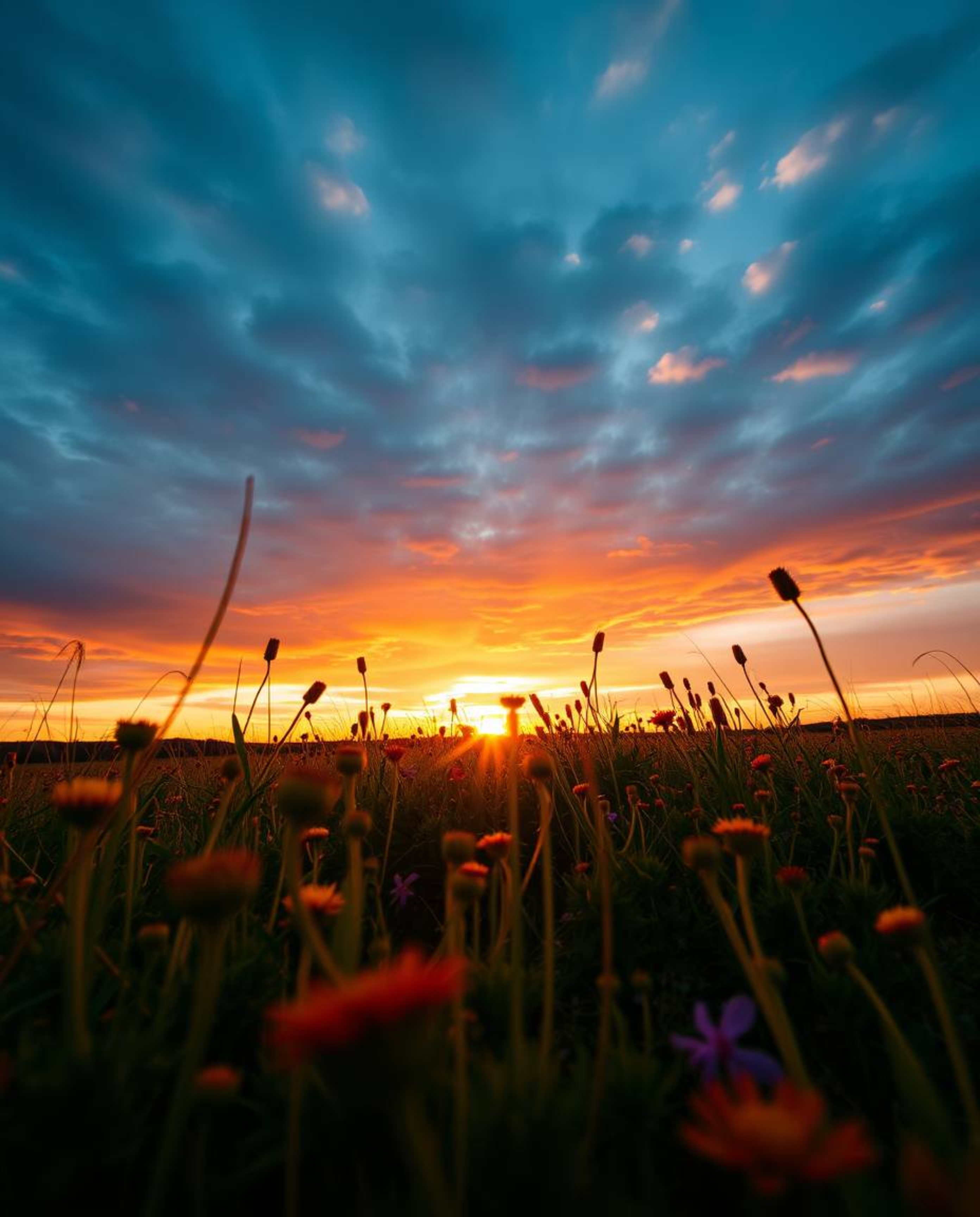 Captured from a dramatic low-angle perspective, this image showcases a breathtaking spring sunset over a wildflower meadow. T