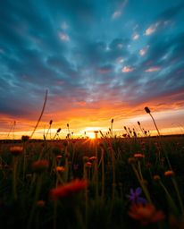 Captured from a dramatic low-angle perspective, this image showcases a breathtaking spring sunset over a wildflower meadow. T