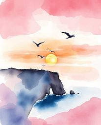 This is a delicate watercolor painting of a sunset over a coastal cliff, with soaring birds adding a sense of life and moveme