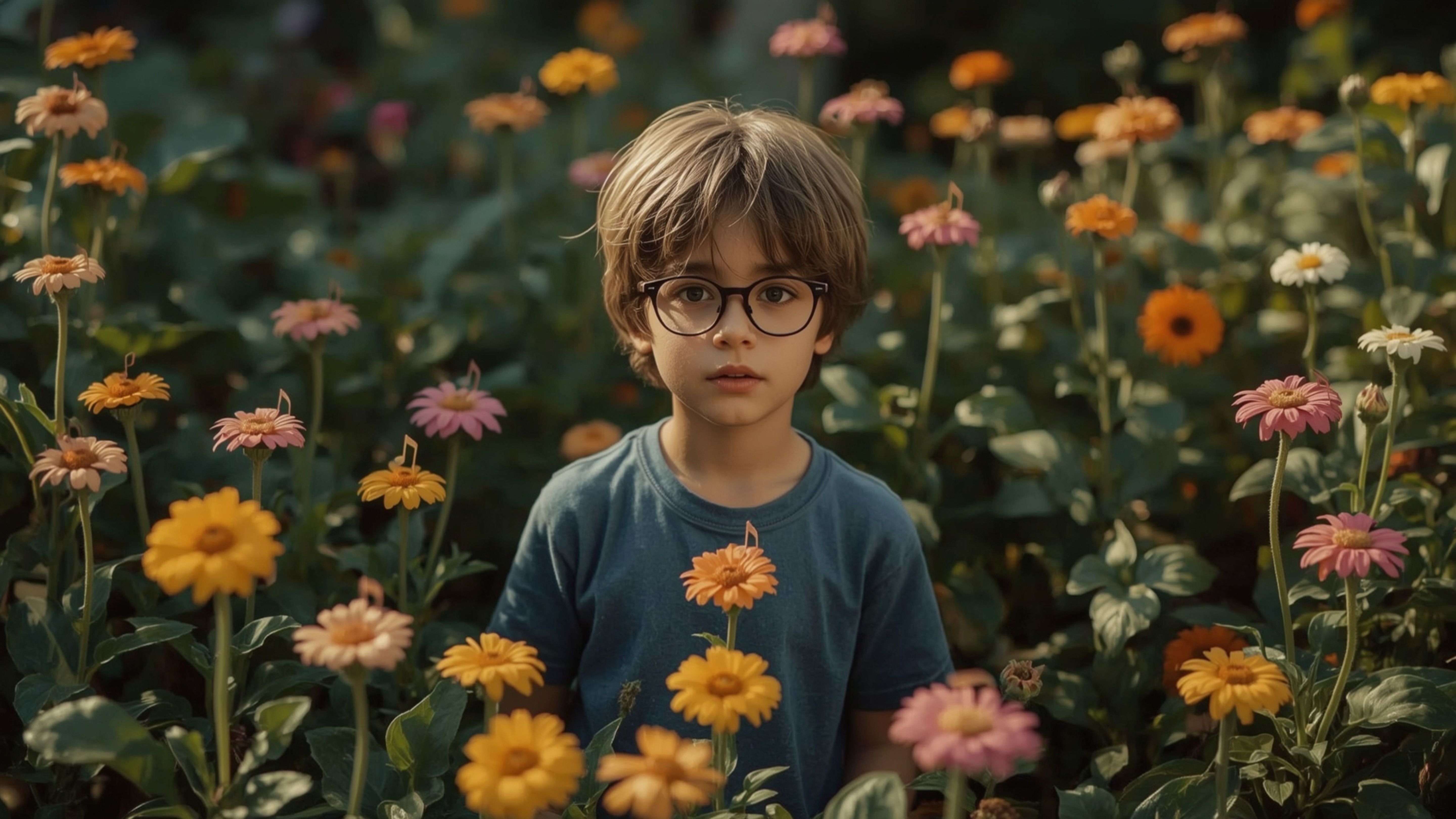In a cinematic photograph with a warm, film-like quality, a brilliant and introverted homeschooled child stands in a whimsica