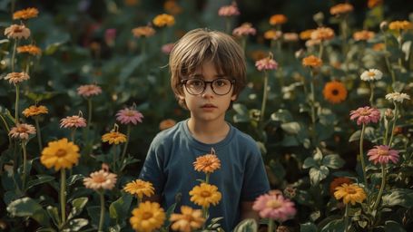 In a cinematic photograph with a warm, film-like quality, a brilliant and introverted homeschooled child stands in a whimsica