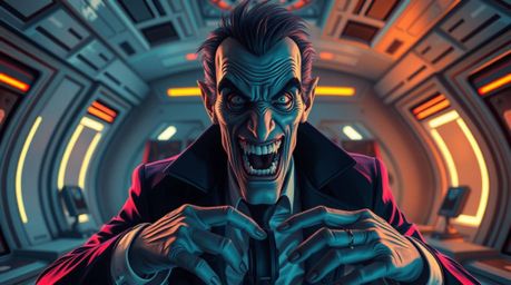 Witness the hilarious downfall of a villain with exaggerated features and pale skin as he suffers a comical breakdown within 