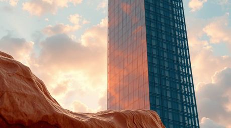 This artwork features a modern glass building dissolving into a soft sky, blending seamlessly with the clouds, captured from 