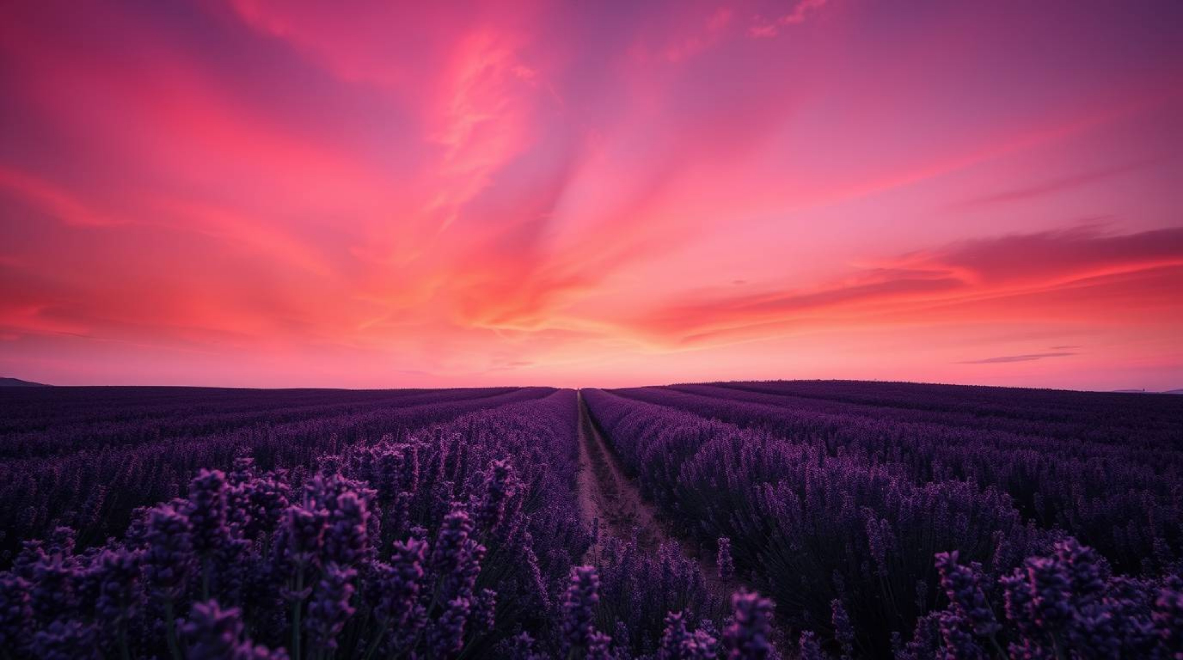 Experience the captivating tension and depth of lavender fields bathed in an ethereal glow under a dreamy pink sky. This high