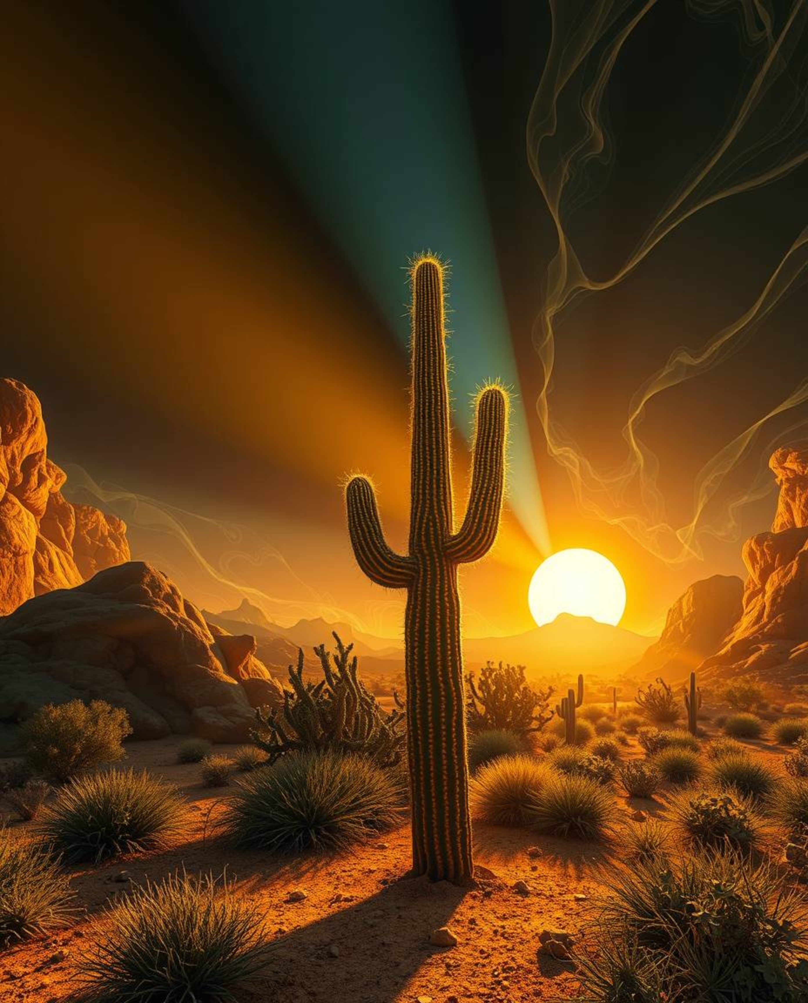 Rendered in a creative light art style, a desert cactus glows in the last rays of the sun, situated within a dreamlike, surre