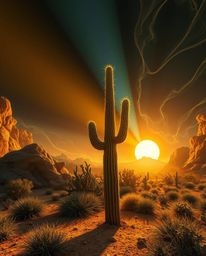 Rendered in a creative light art style, a desert cactus glows in the last rays of the sun, situated within a dreamlike, surre