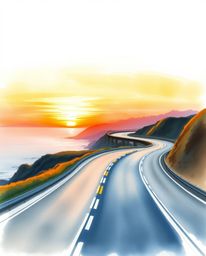 This elegant and graceful watercolor painting captures a winding coastal highway at sunset. The artwork is characterized by i