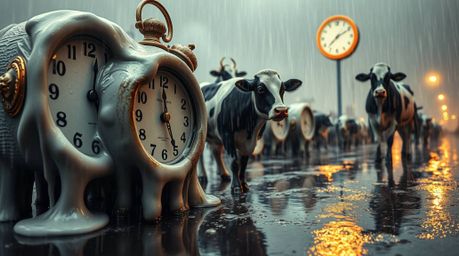 A captivating close-up reveals a surreal dreamscape where melting clocks and floating cows defy gravity in a wet, rainy scene