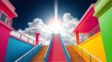 A captivating architectural color photograph showcases a surreal stairway, vibrantly colored and seemingly suspended in smoky