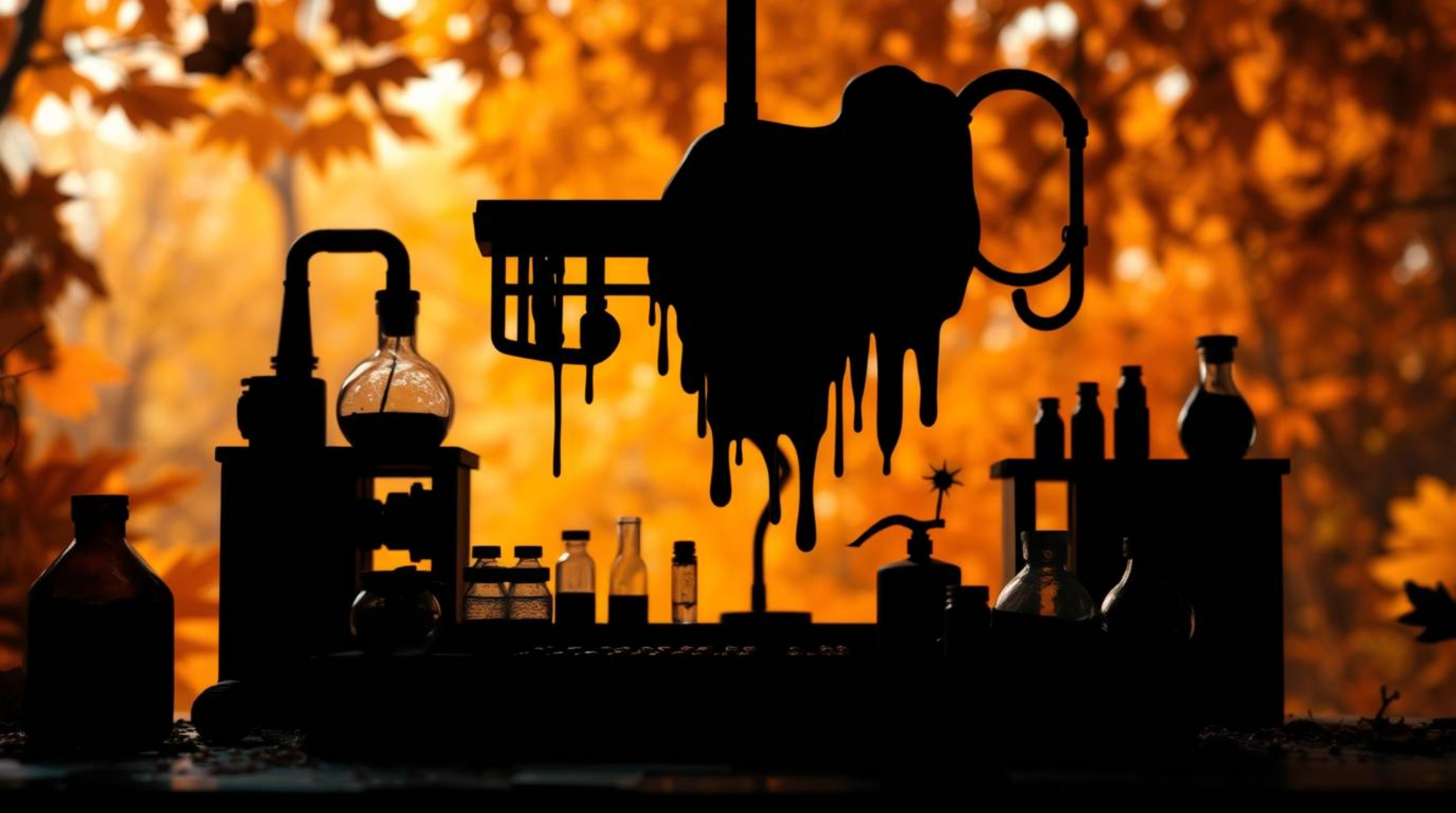 A visually striking depiction of a slime-covered science lab set against a warm, autumn-colored backdrop. The backlighting em