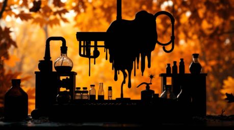 A visually striking depiction of a slime-covered science lab set against a warm, autumn-colored backdrop. The backlighting em