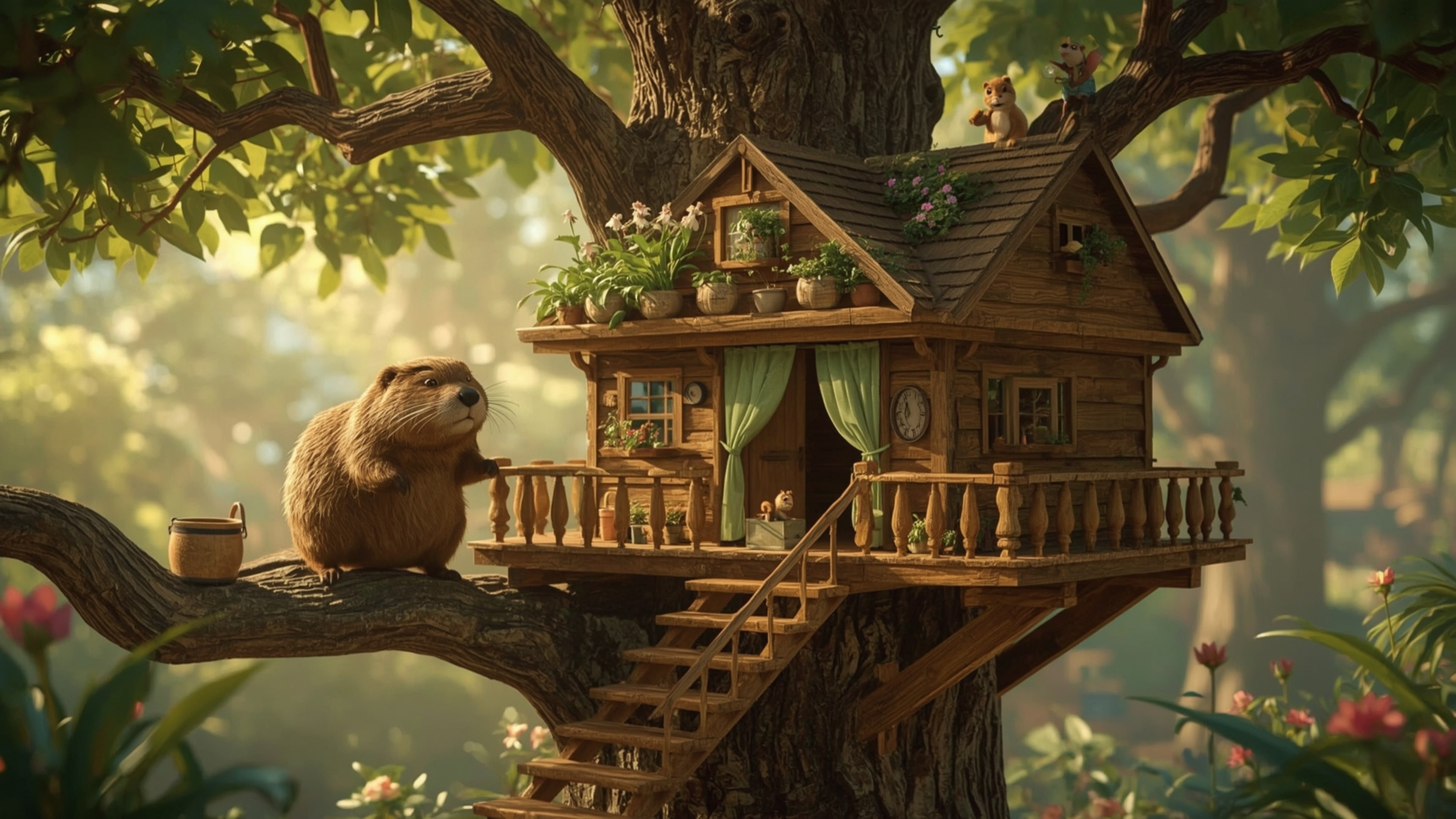 A high-resolution stock photo captures a diligent beaver in a whimsical, vibrant forest, building the perfect treehouse for o