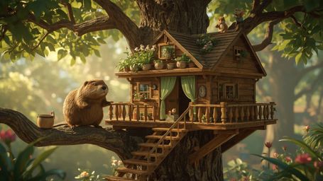 A high-resolution stock photo captures a diligent beaver in a whimsical, vibrant forest, building the perfect treehouse for o