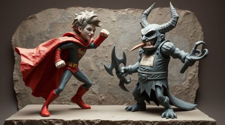 A dynamic scene showcasing a cape-clad superhero locked in a comical battle with a silly villain. The artwork is meticulously